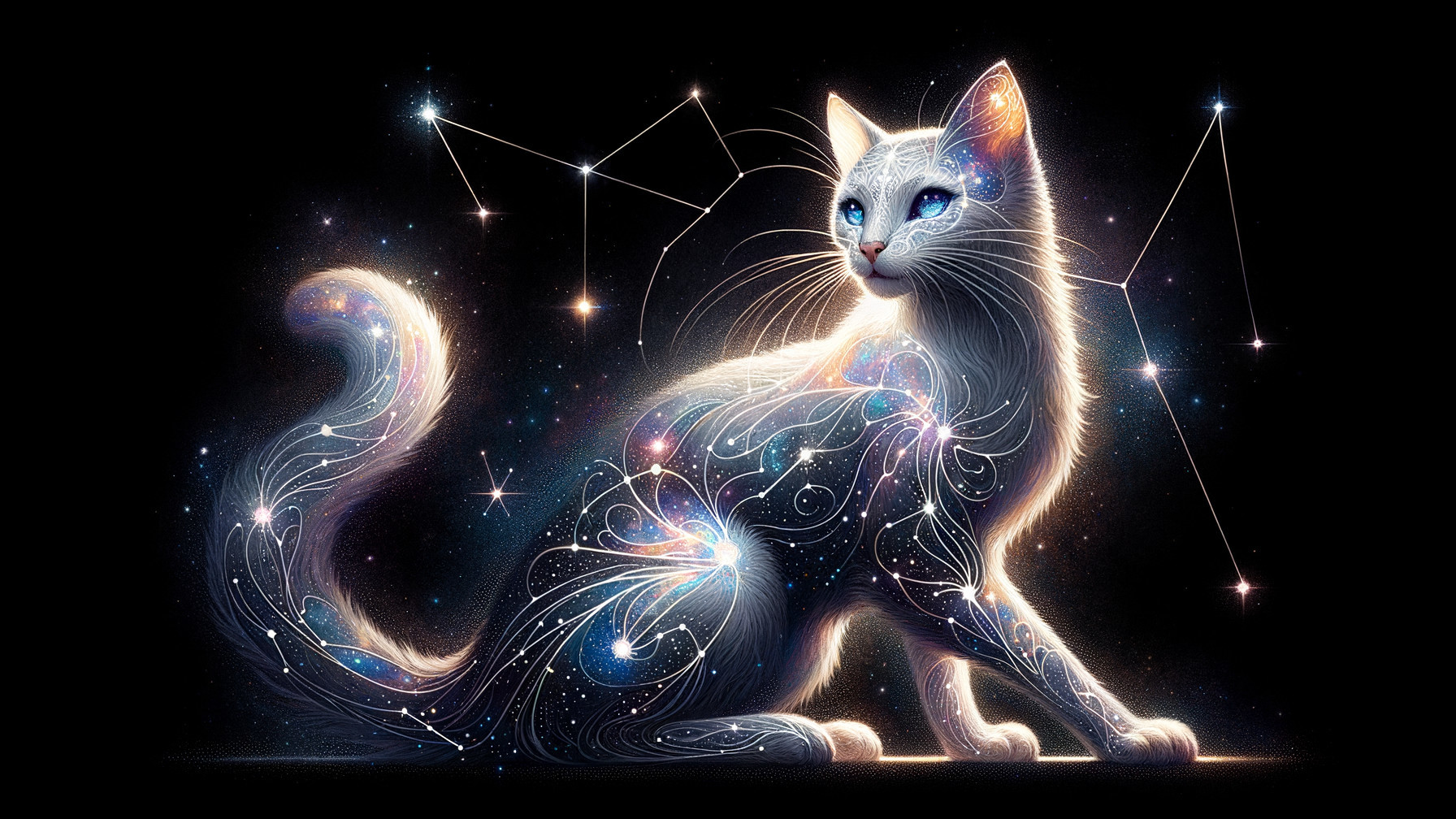 Mystical White Cat with Cosmic Backdrop and Stars