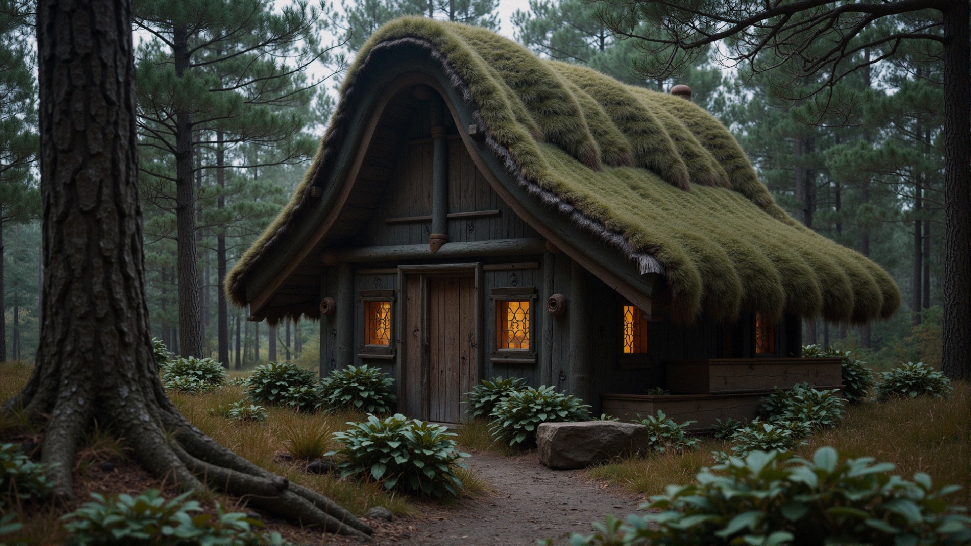 Rustic cottage with grass roof in woodland setting