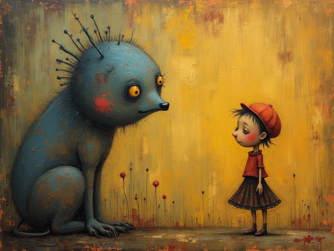 Whimsical Scene of a Blue Creature and Young Girl
