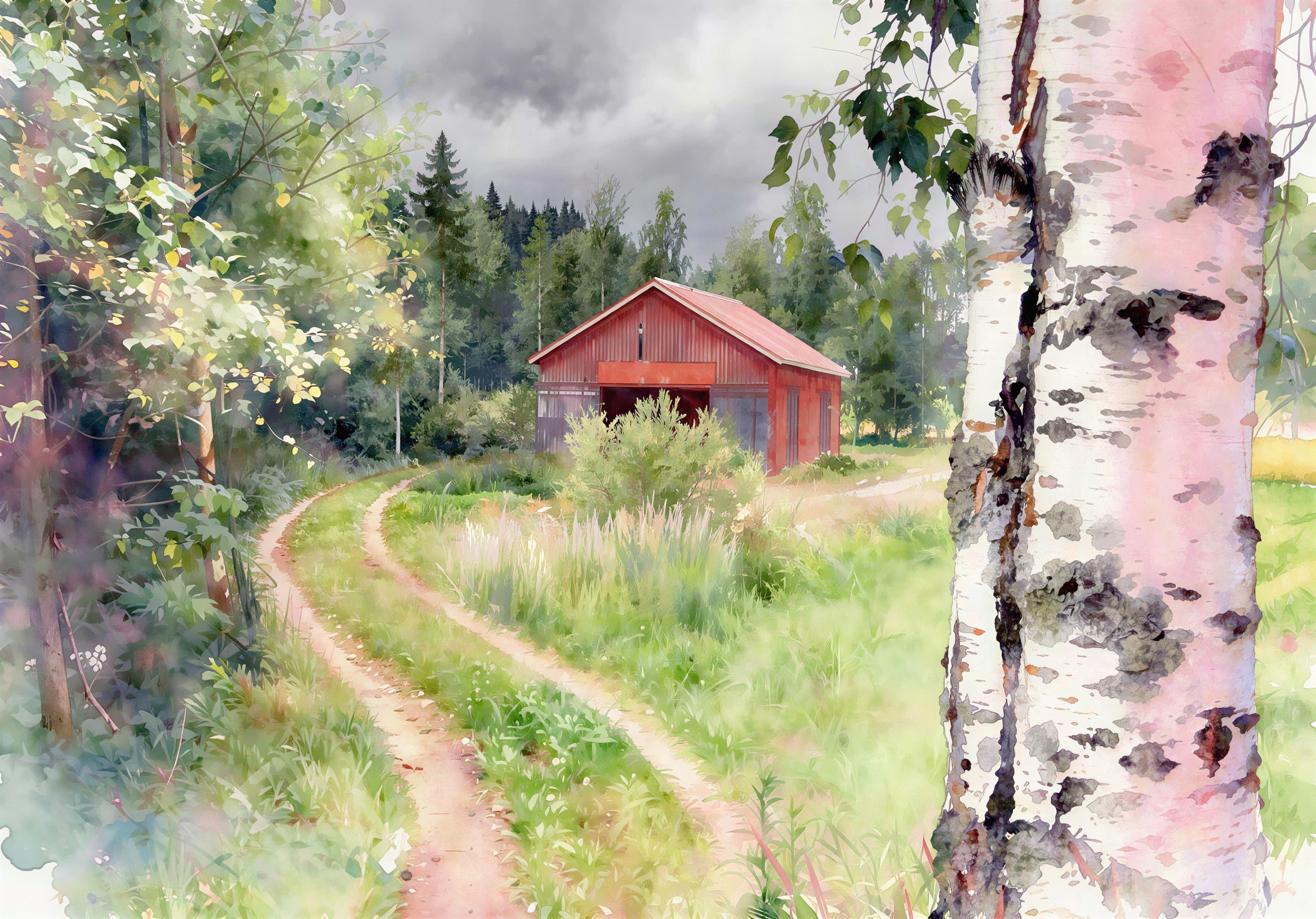 Watercolor Painting of a Rural Scene with Barn