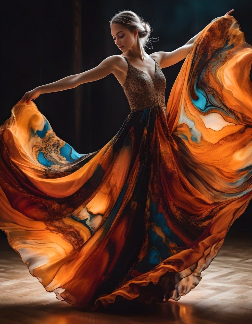 Woman elegantly dancing in vivid orange and blue marbled dress