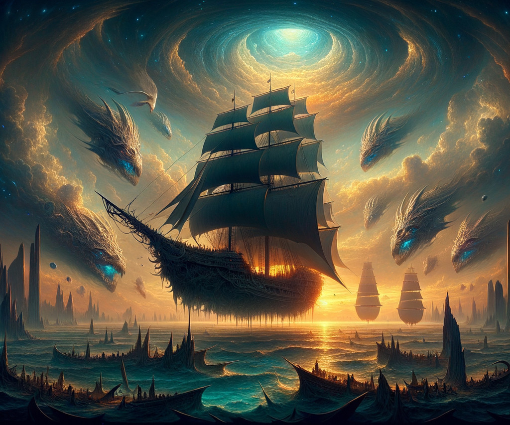 19th-Century Sailing Ship in Surreal Ocean Landscape
