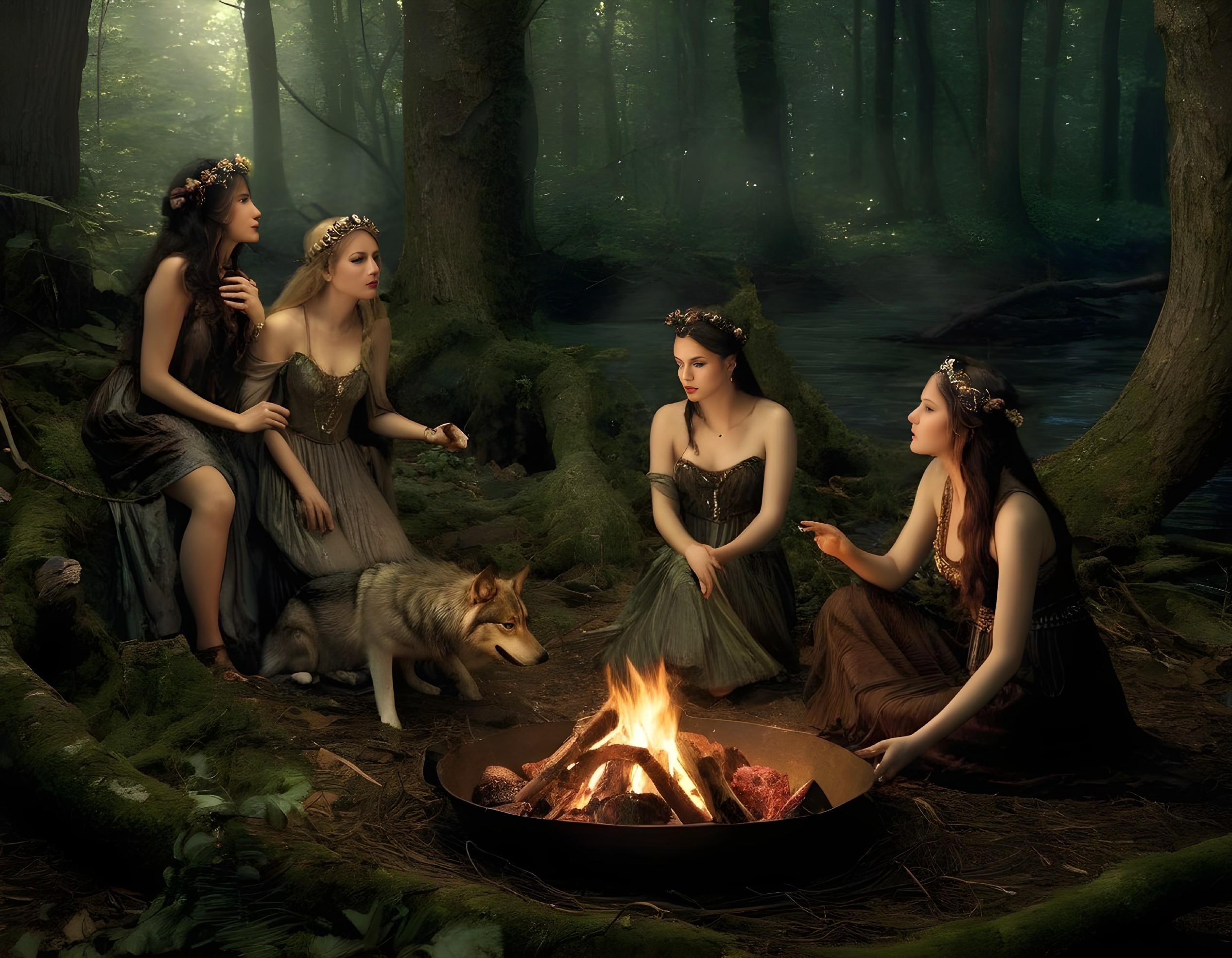 Ethereal Women Gather Around Campfire in Forest