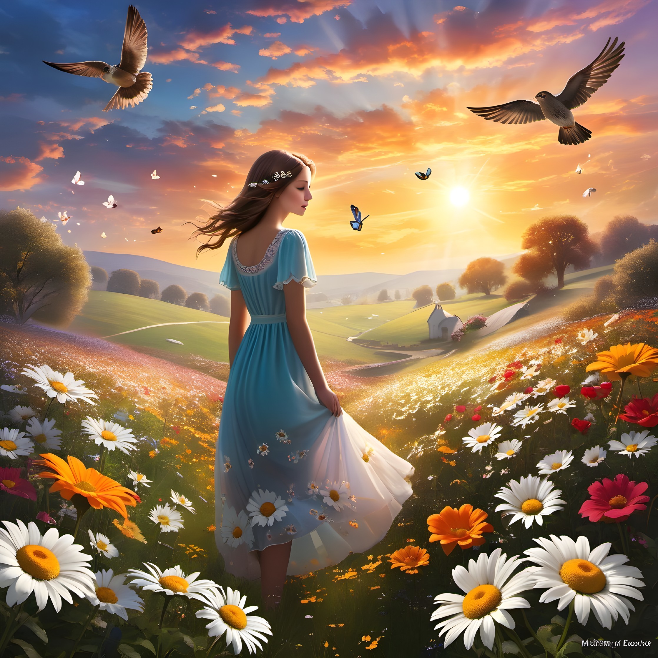 Young Woman in Blue Dress in Vibrant Meadow at Sunset