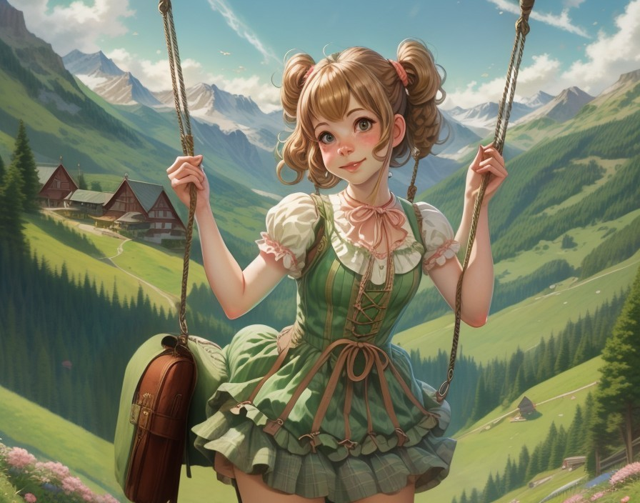 Cheerful Girl Swinging in Scenic Mountain Landscape