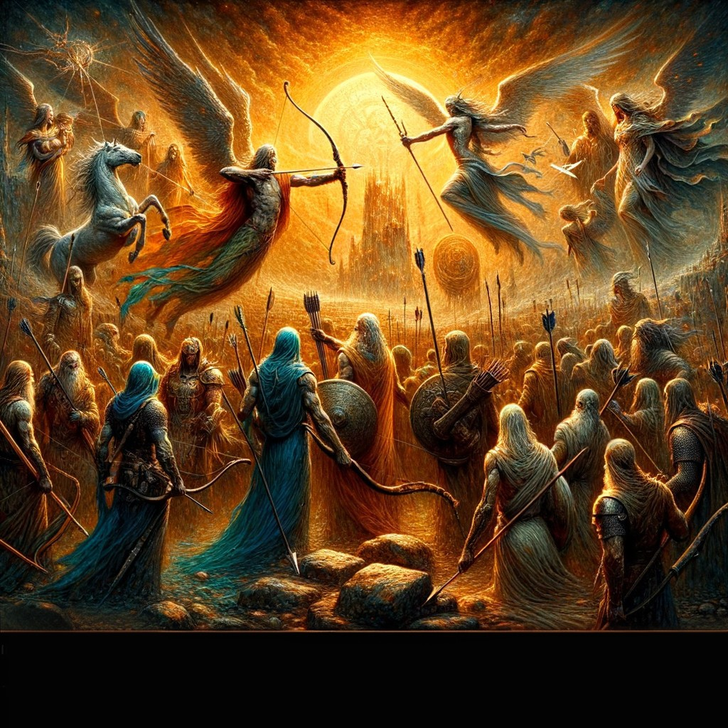 Celestial Battle Scene with Ethereal Warriors and Angels