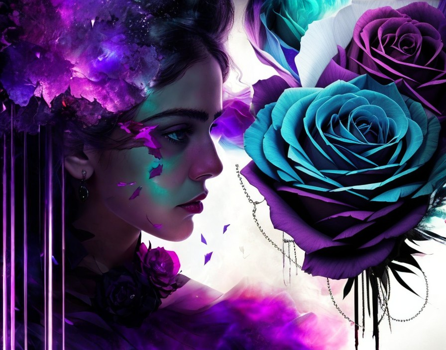 Portrait of a Woman with Swirling Purple and Blue Colors