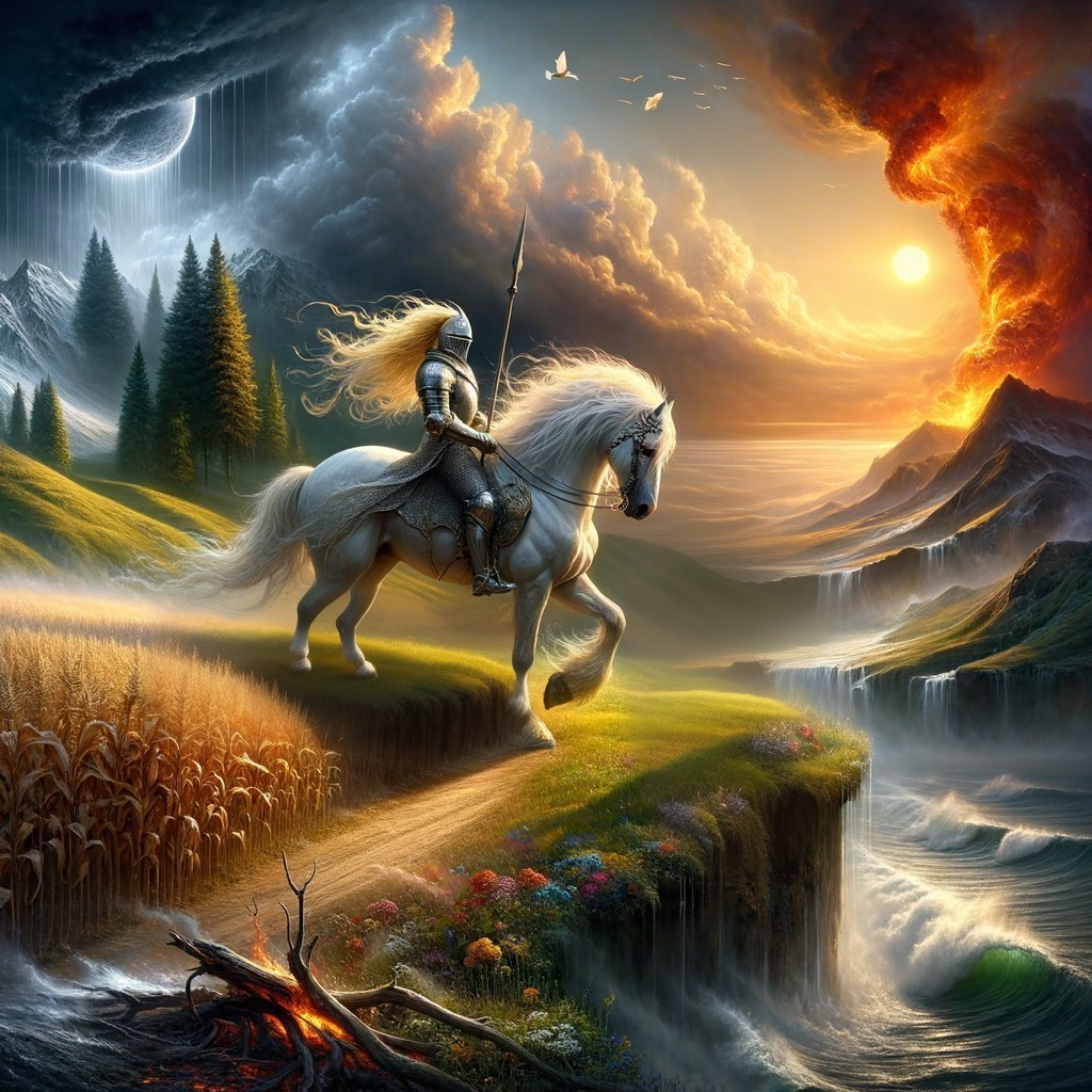 Knight on Horse in Vibrant Landscape at Sunset
