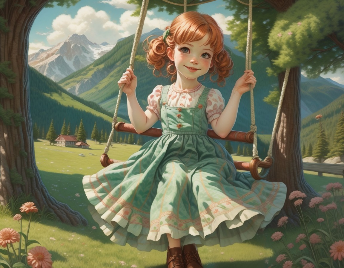 Young girl swinging in a floral dress in nature