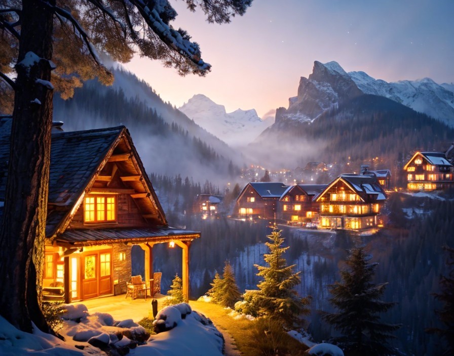Snow-covered cabin and houses in pine forest with foggy mountains at twilight