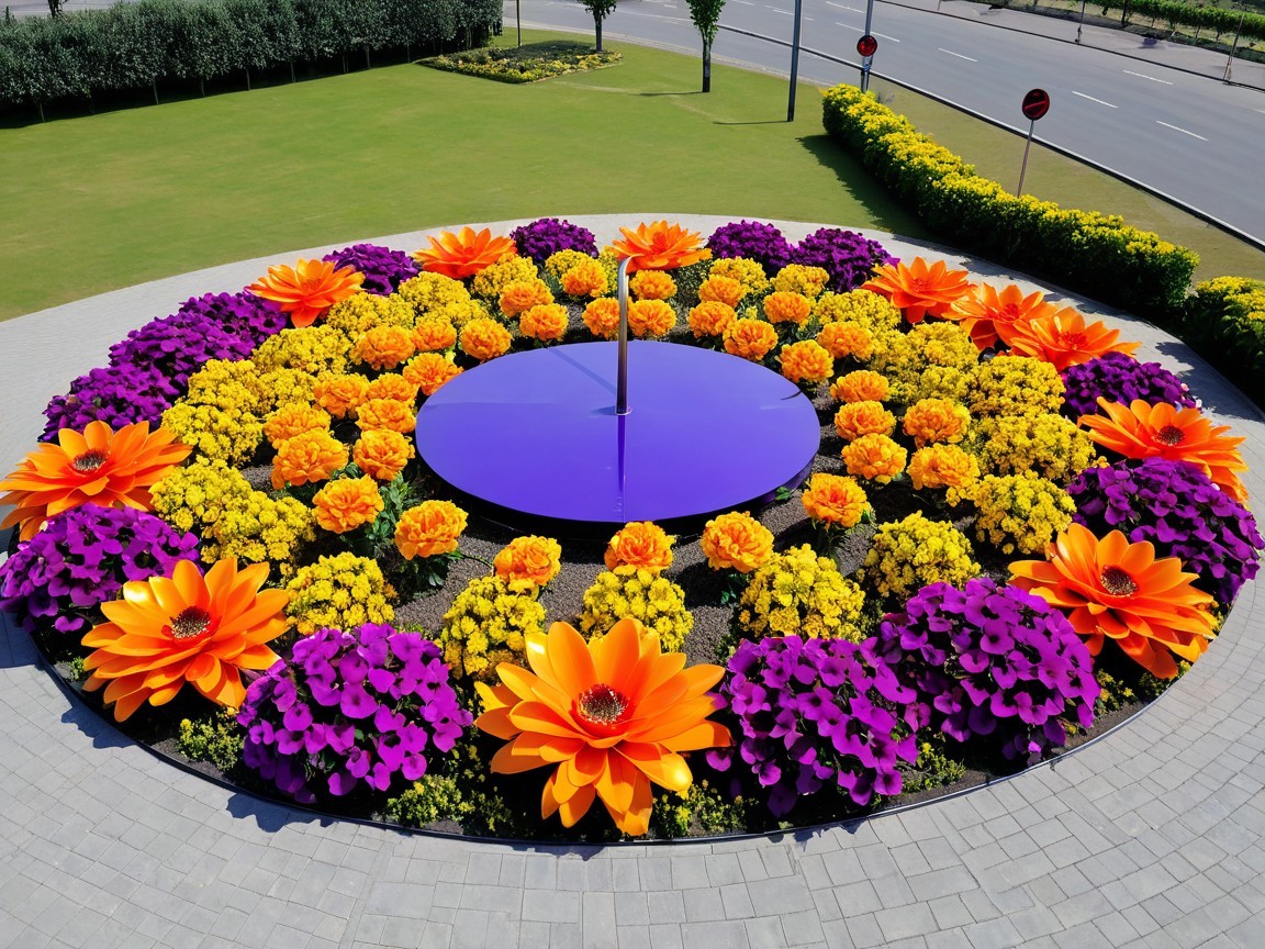 Vibrant Circular Flowerbed with Orange and Purple Flowers