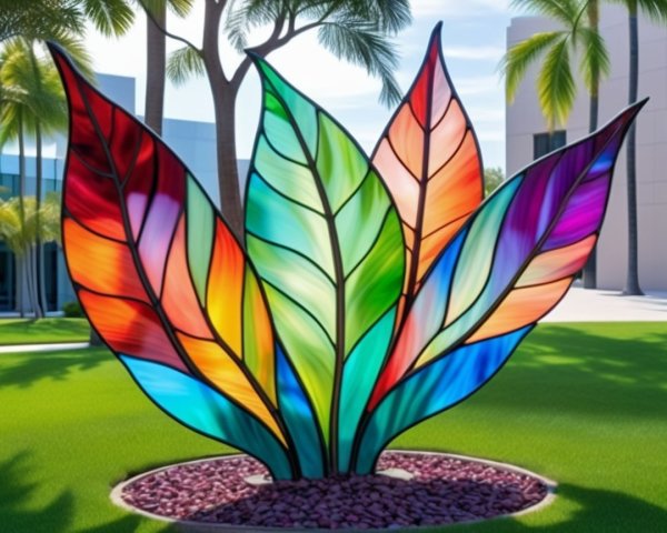 Oversized Glass Sculpture of Colorful Leaves in Garden