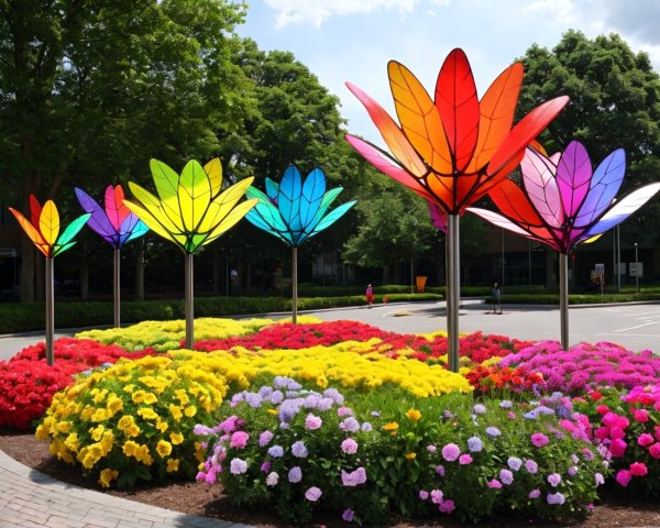Vibrant Garden Scene with Colorful Flower Sculptures