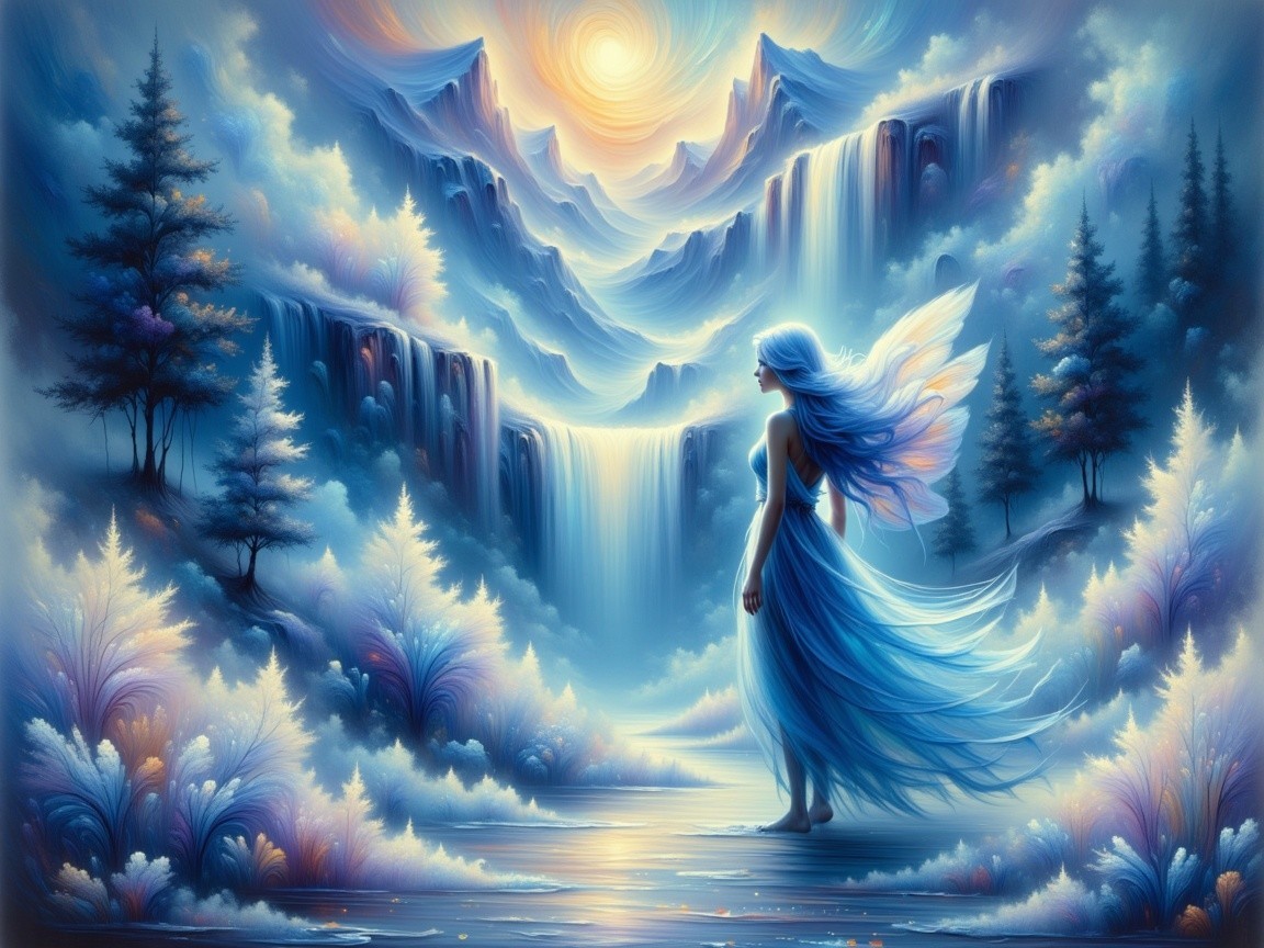 Serene Landscape with Waterfalls and Mystical Figure