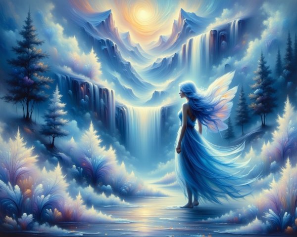Serene Landscape with Waterfalls and Mystical Figure