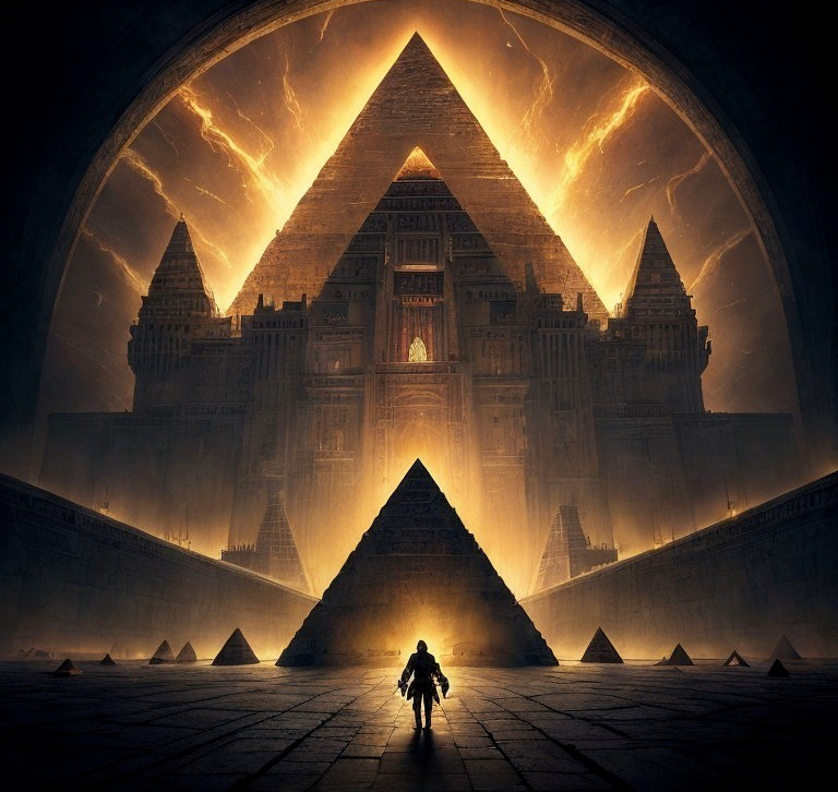 Figure near triangular gateway and pyramid under stormy sky