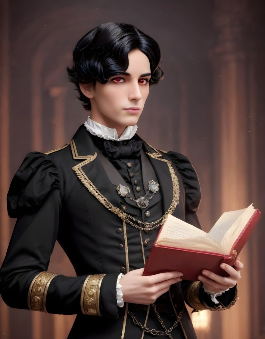 Victorian-styled person with red eyes in black outfit holding a book