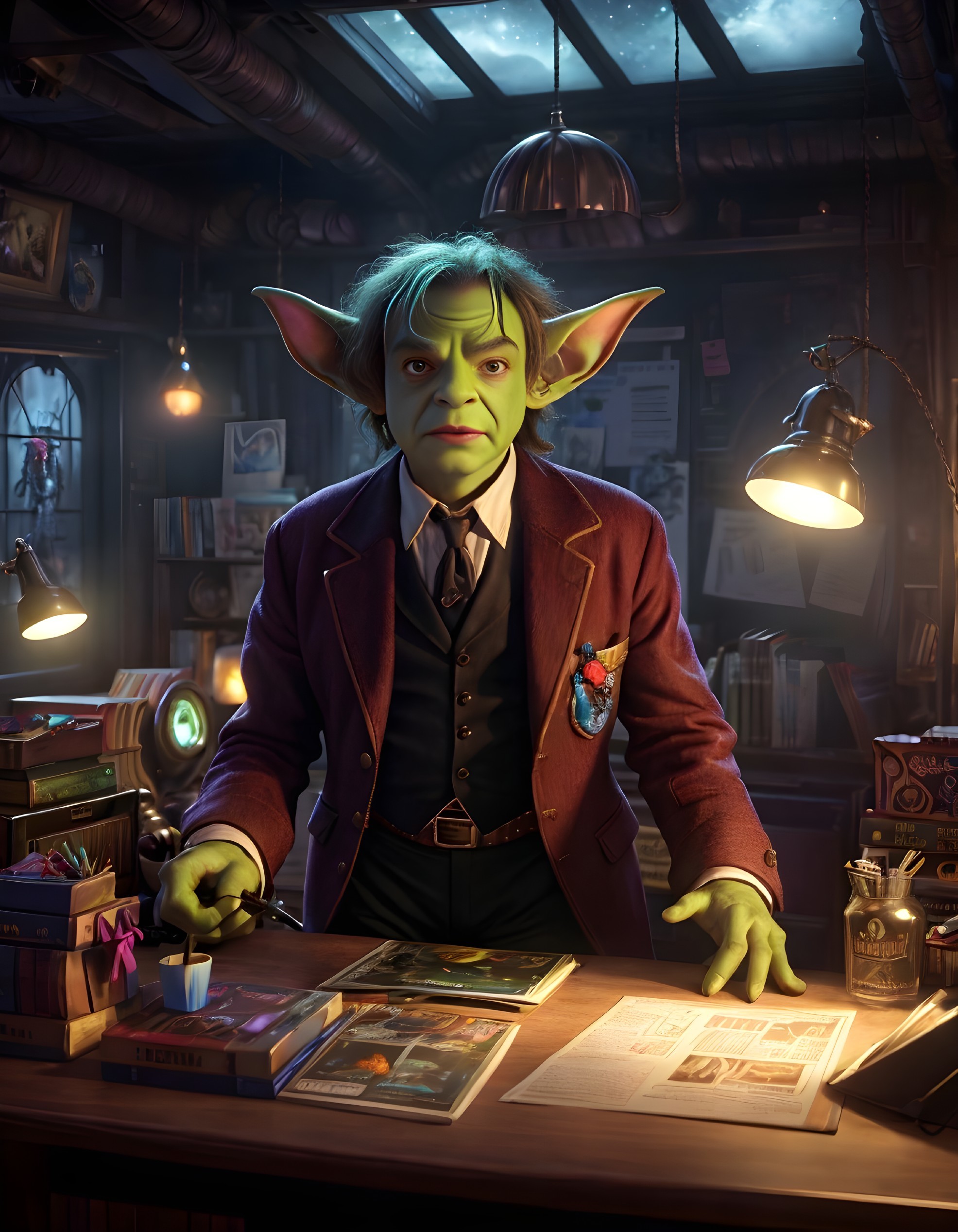 Goblin in Suit at Desk with Potions and Artifacts