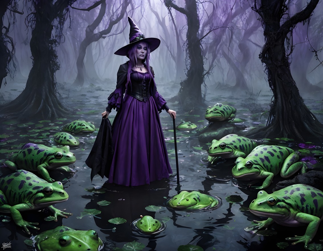 Purple Witch Costume in Misty Swamp with Frogs and Trees