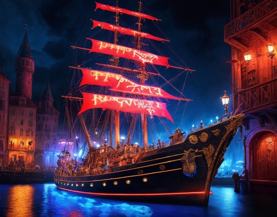 Tall Ship with Red Sails in Fantasy Port at Night