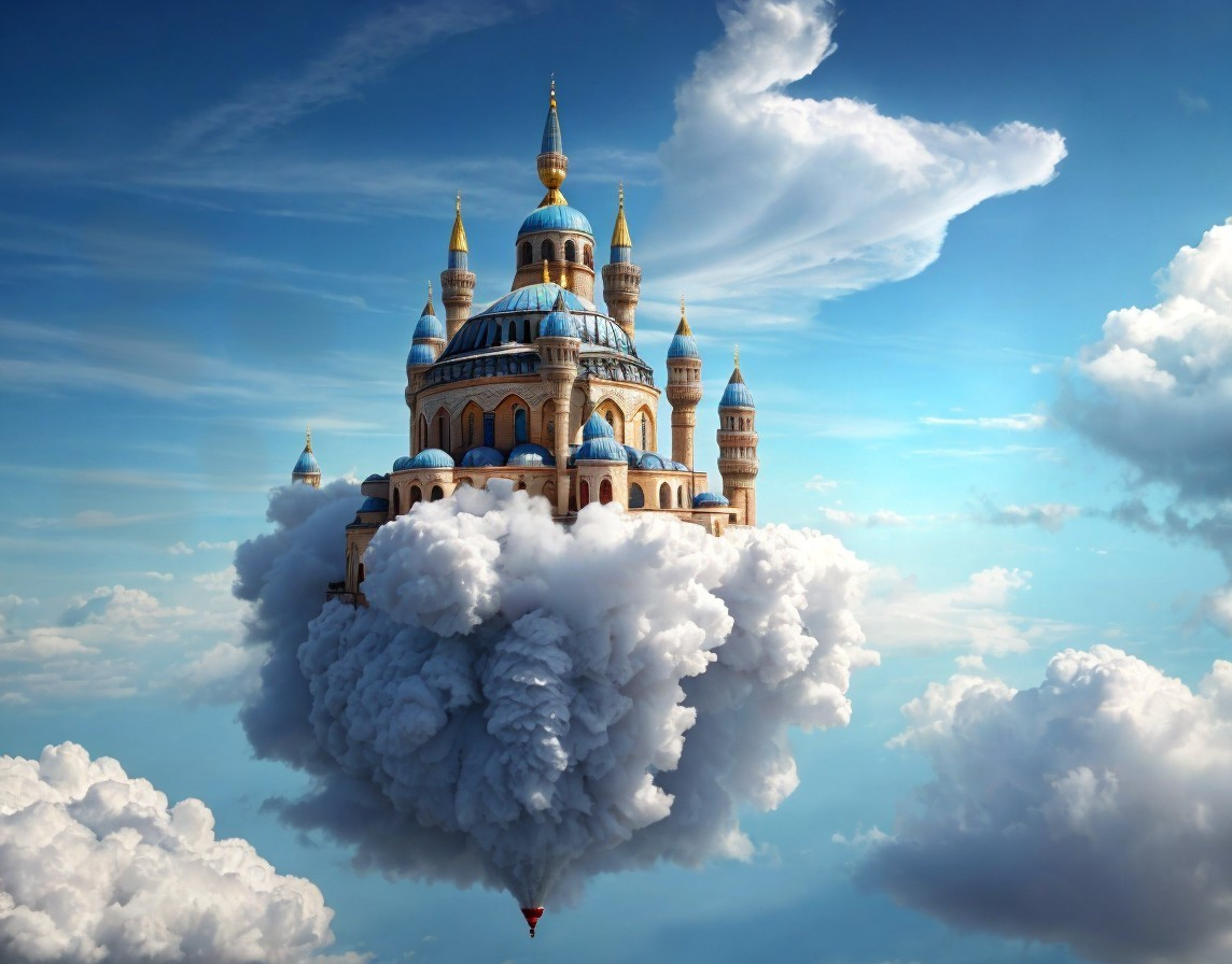 Fantastical image of grand cathedral with blue domes on fluffy cloud.