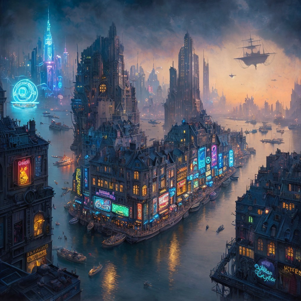 Futuristic cyberpunk cityscape with neon signs and flying ships