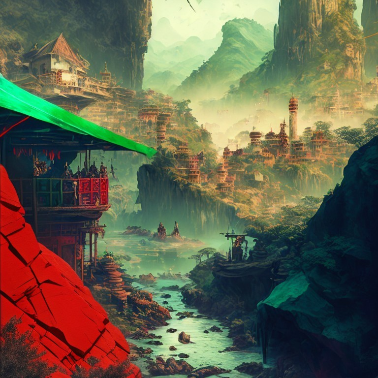 Traditional Houses on Cliff Overlooking Misty Mountains and River