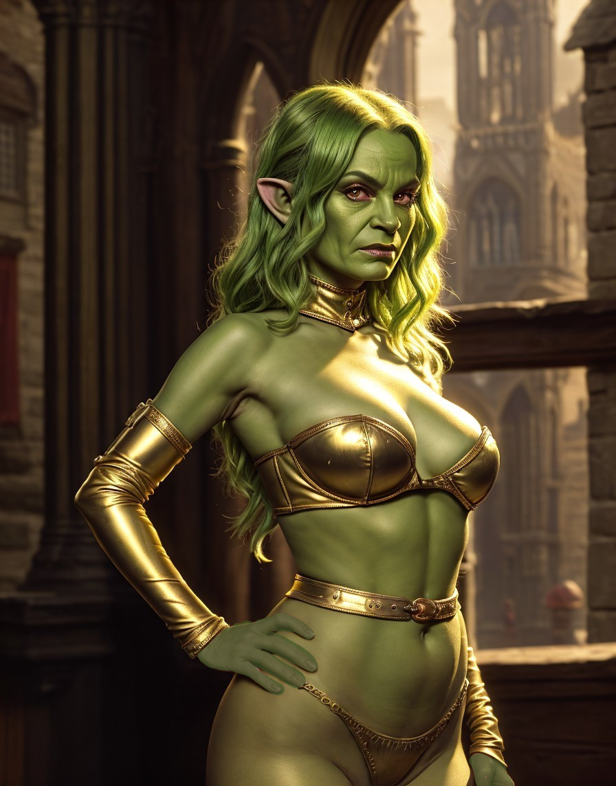 Green-skinned female character in golden armor in gothic medieval setting