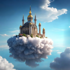 Fantastical image of grand cathedral with blue domes on fluffy cloud.