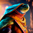 Stylized turtle with human-like features in ornate robes on warm orange background