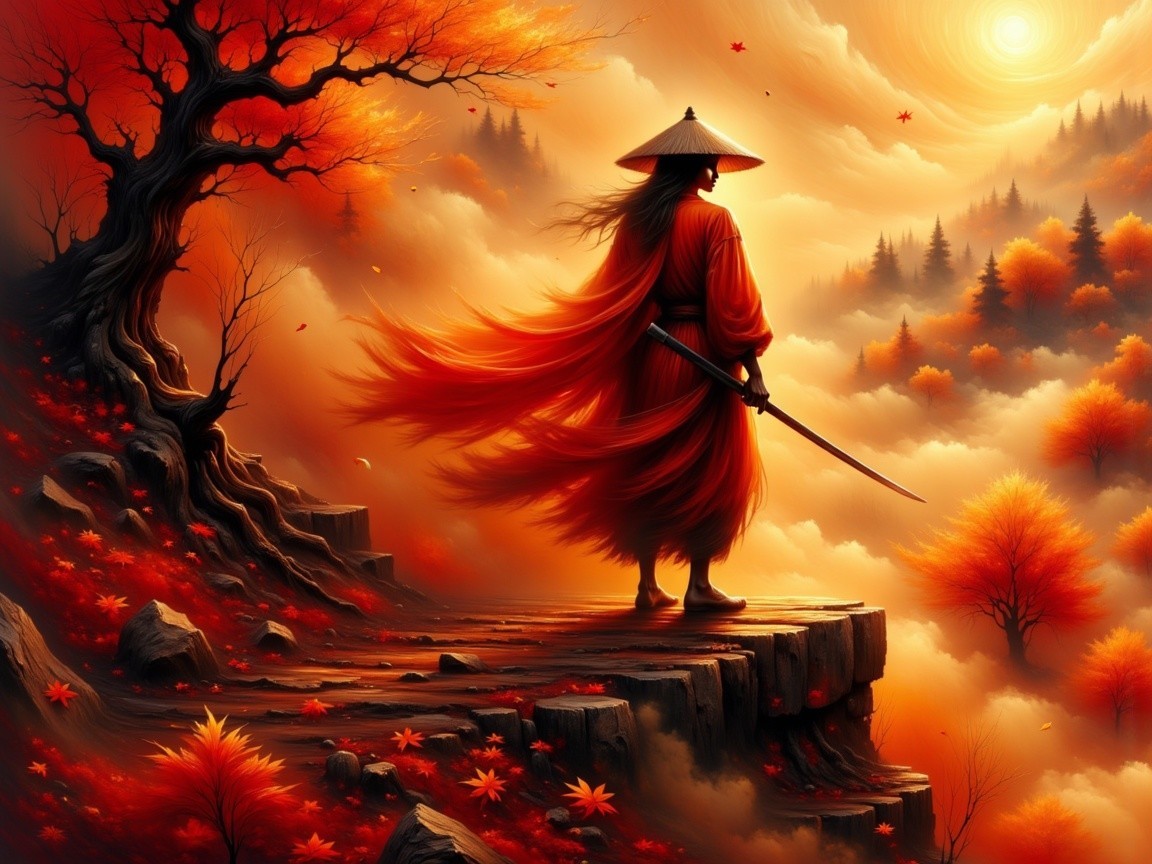 Solitary Figure in Red Robe Overlooking Autumn Landscape