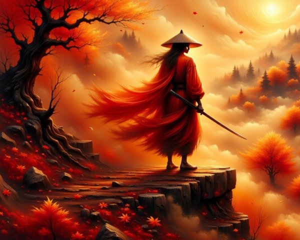 Solitary Figure in Red Robe Overlooking Autumn Landscape