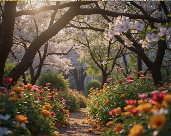 Serene Garden Path with Vibrant Flowers and Trees