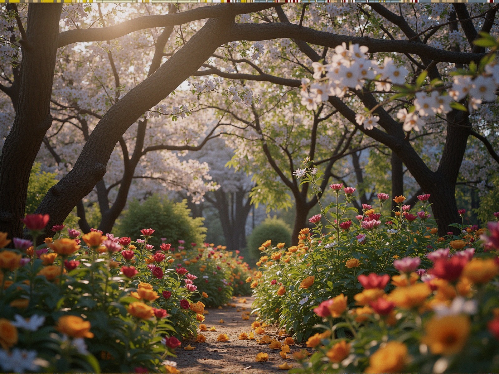 Serene Garden Path with Vibrant Flowers and Trees