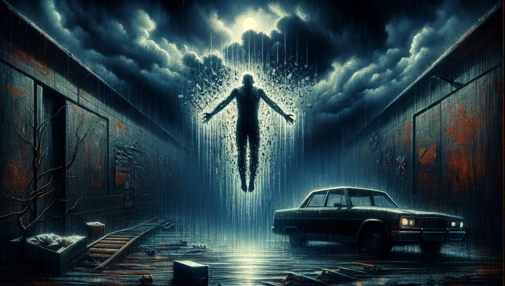 Suspended Figure in Dark Atmospheric Scene with Debris