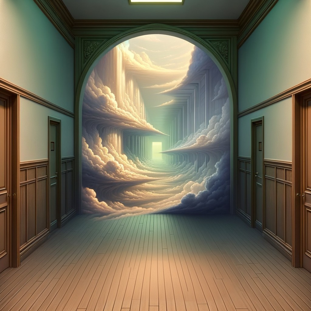 Surreal hallway with wooden walls and ethereal light