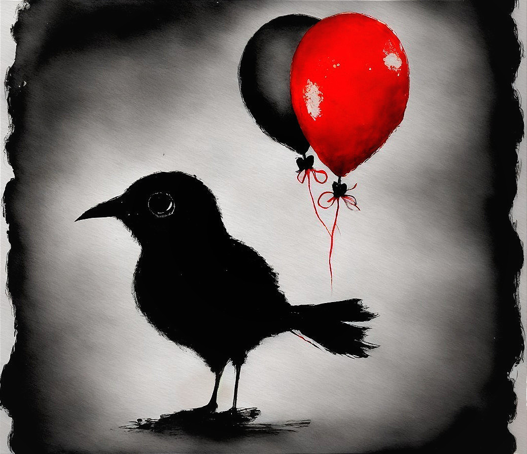 Silhouetted Bird with Red Balloon on Monochrome Background