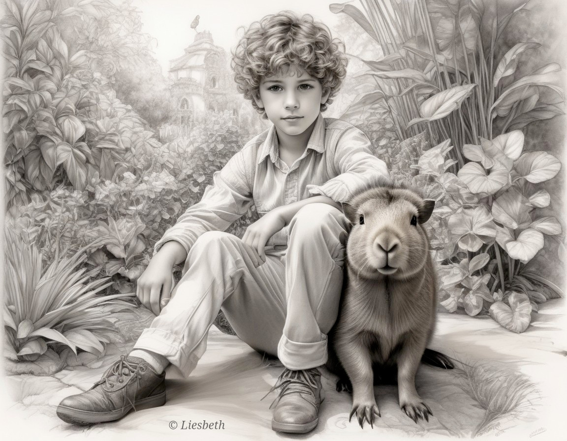 Monochromatic Image of Person and Capybara in Nature