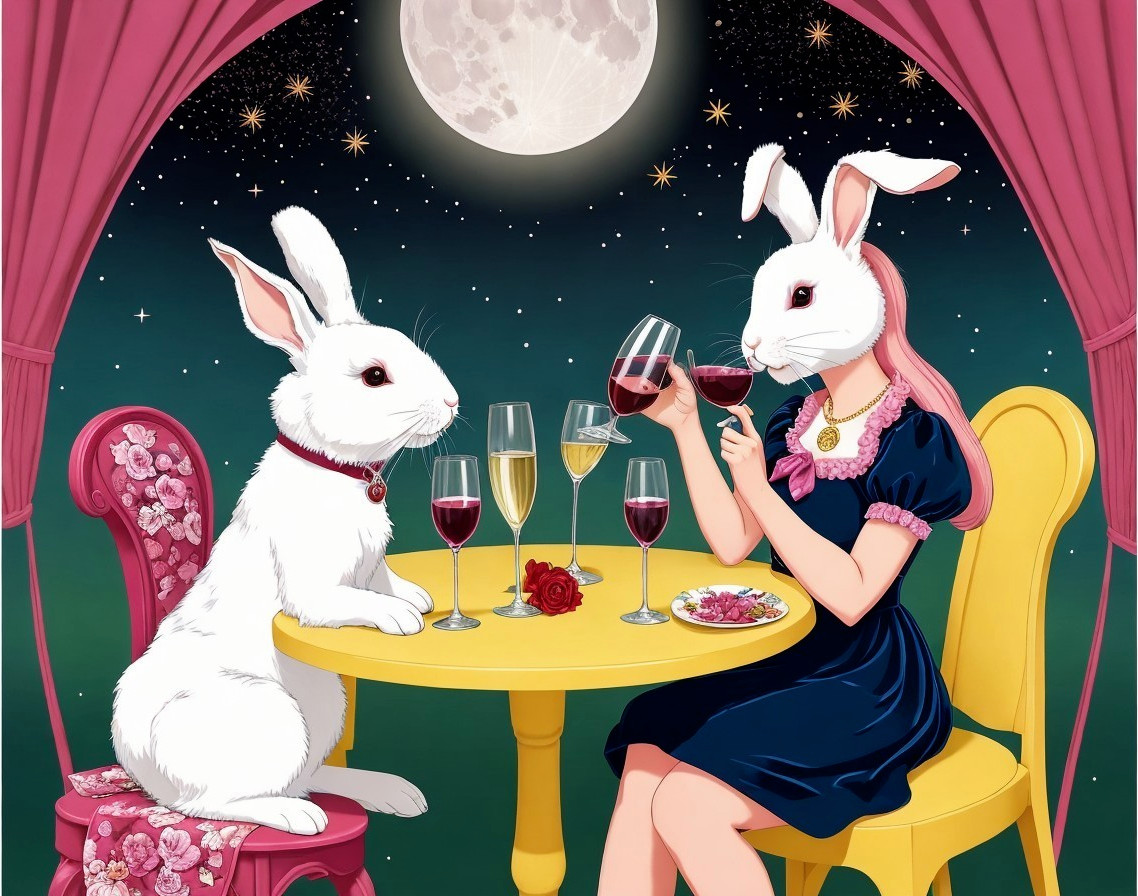 Anthropomorphic rabbits in elegant attire under starry sky and moon.