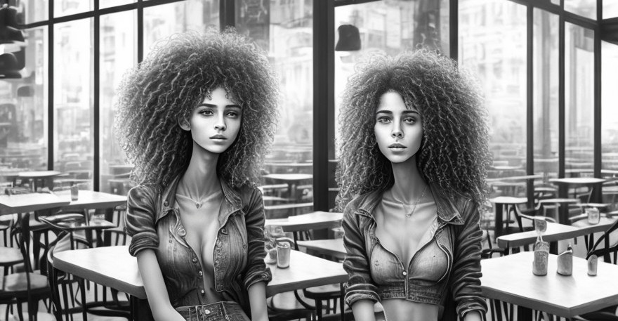 Women with curly hair in leather jackets at a cafe