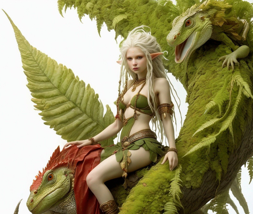 Fantasy-inspired image of pale-skinned character with white hair on dragon-like creature