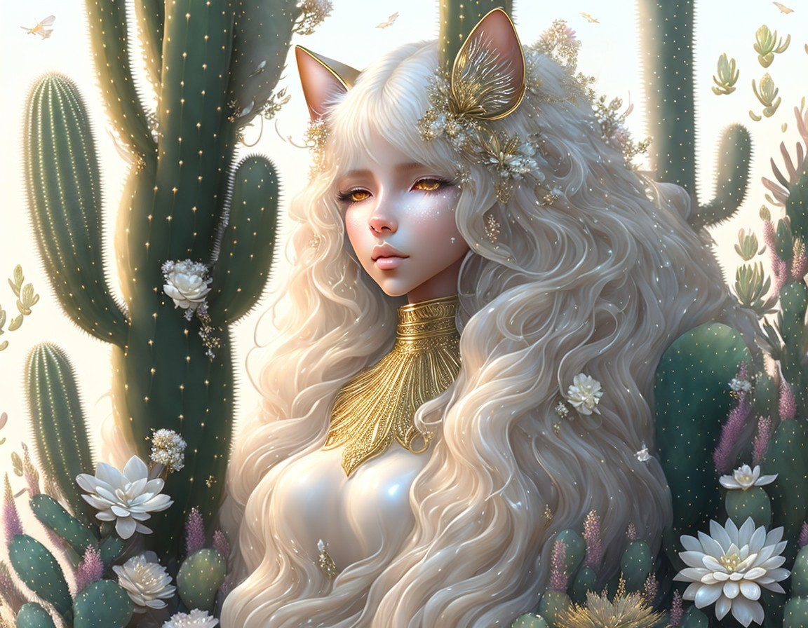 Fantasy Character with Cat-Like Features and Cacti