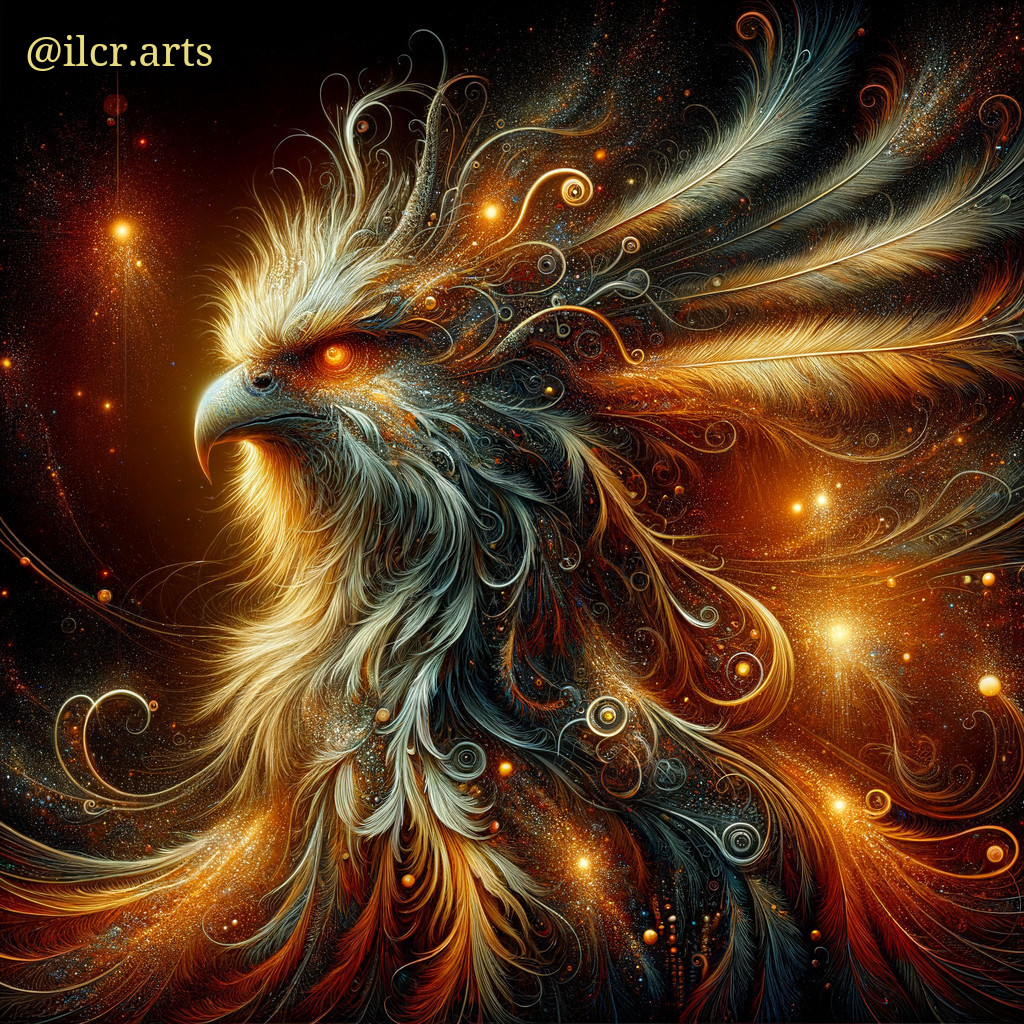 Golden Phoenix with Fiery Gaze on Starry Background
