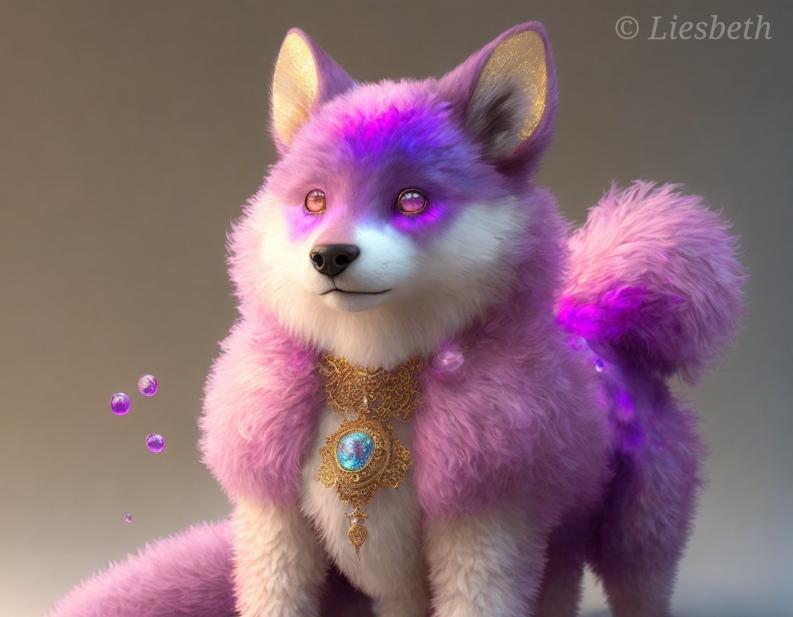 Purple Fluffy Dog with Pink Ears and Golden Necklace Observing Floating Bubbles