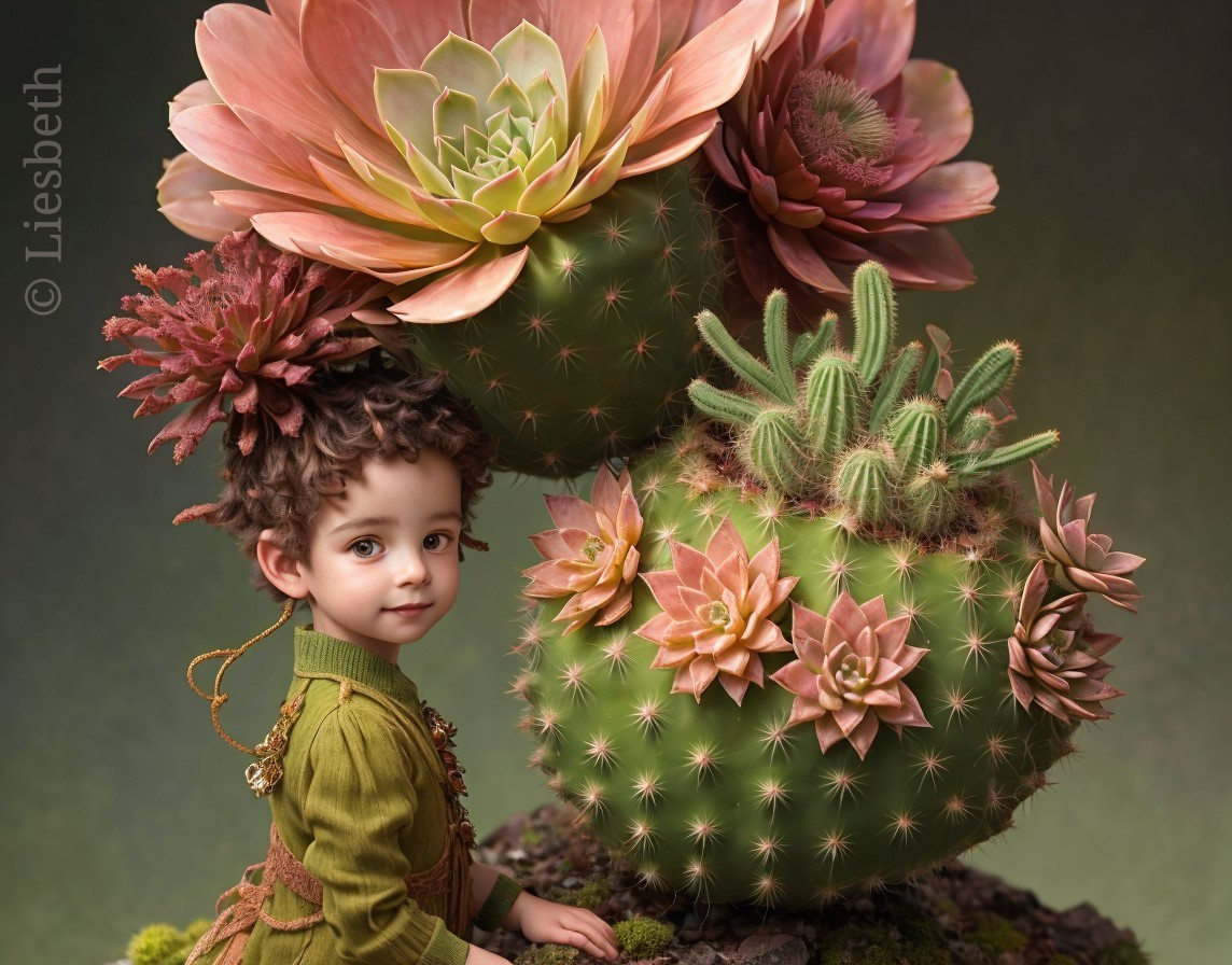 Child in Green Plant Outfit Among Succulents and Cacti Portrait