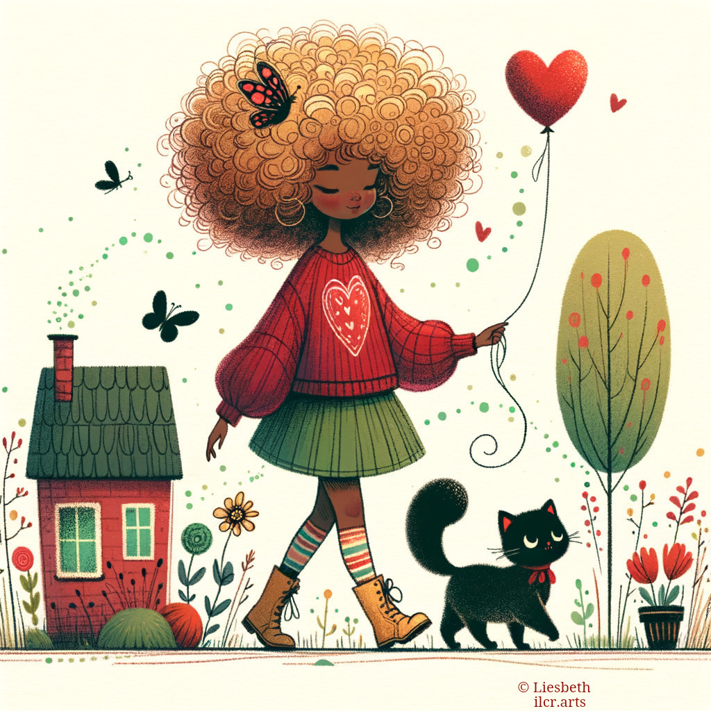 Whimsical Illustration of Girl with Balloon and Cat