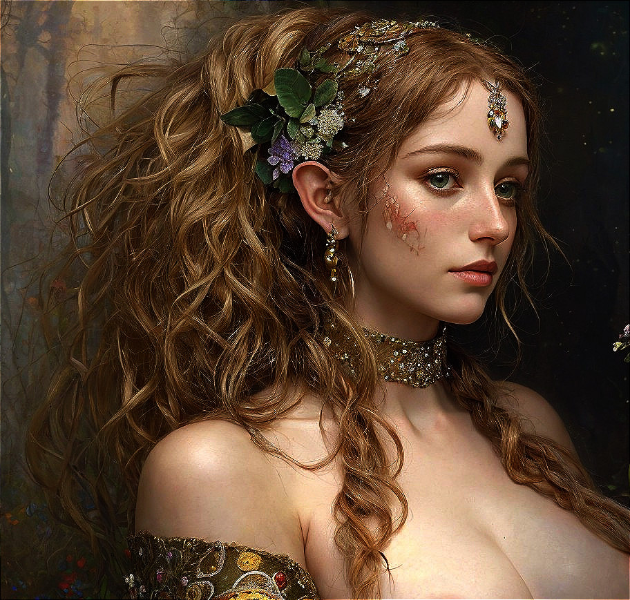 Ethereal Woman in Floral Gown in Mystical Forest