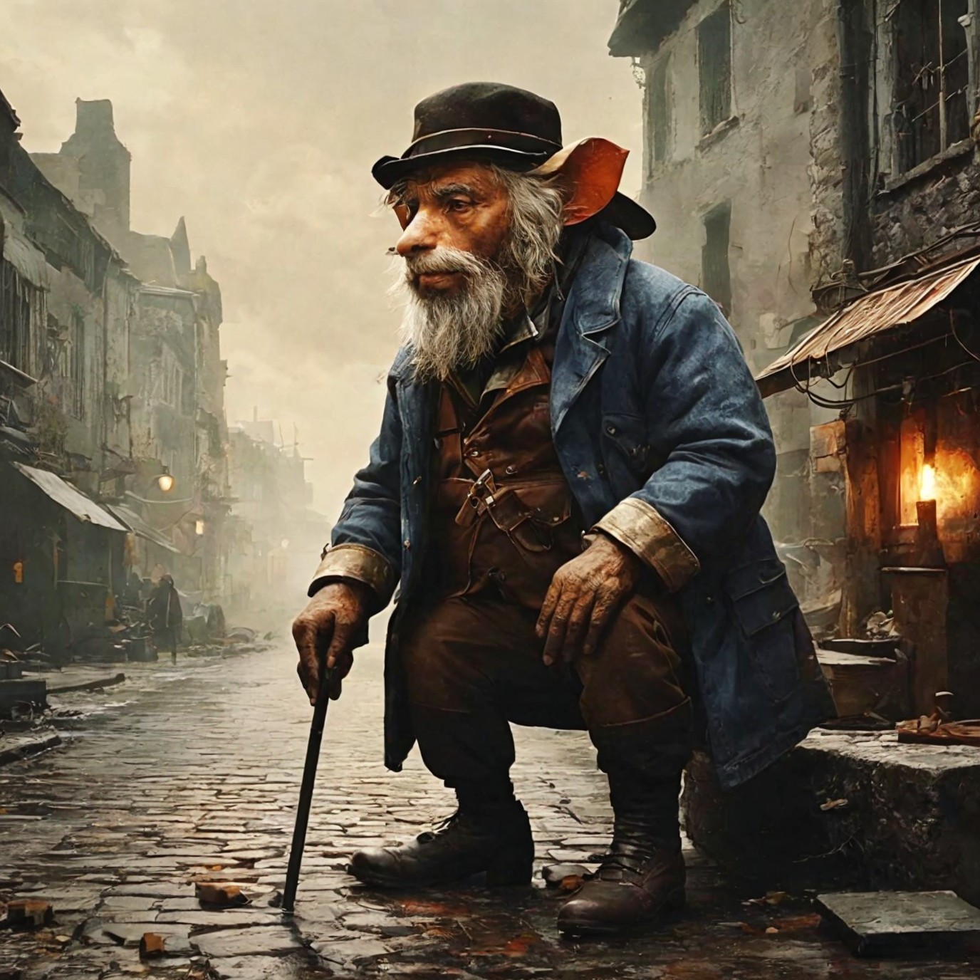 Whimsical creature in foggy cobblestone street scene