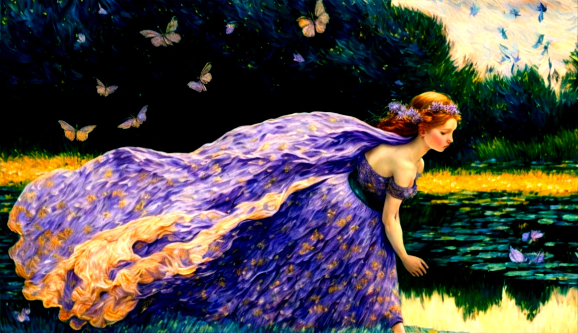 Serene woman in purple gown by tranquil pond