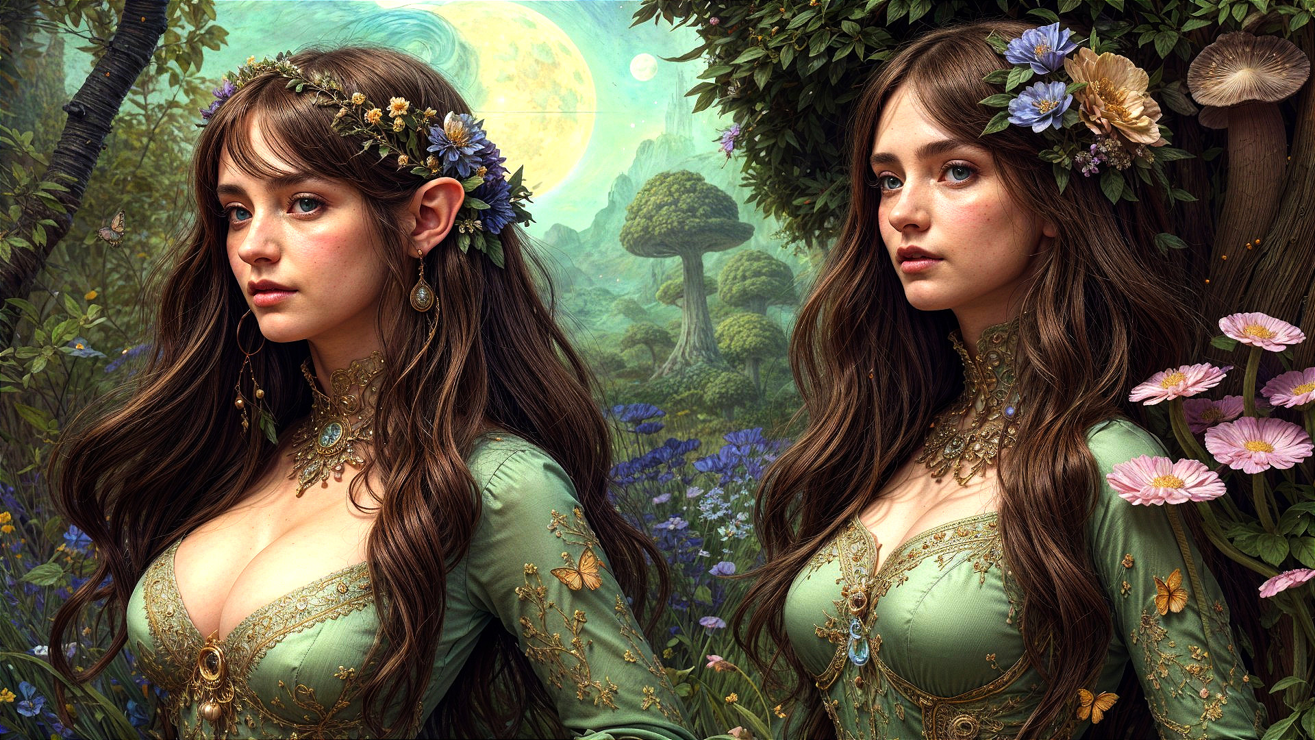 Ethereal Figures in Floral Gowns Surrounded by Nature